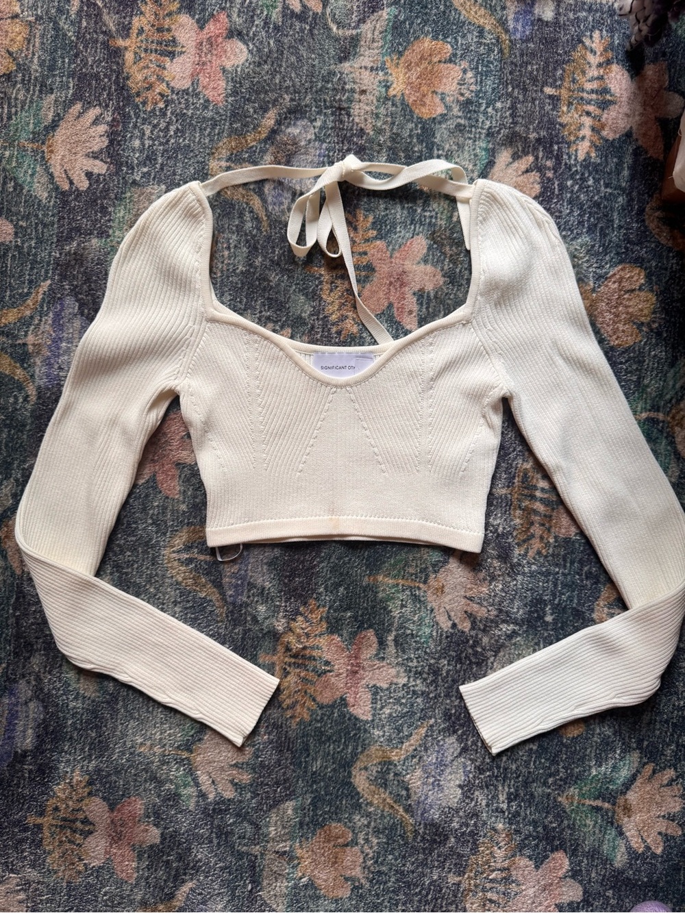 Significant Other Cream Ribbed Long-Sleeve Crop Top with Halter Tie